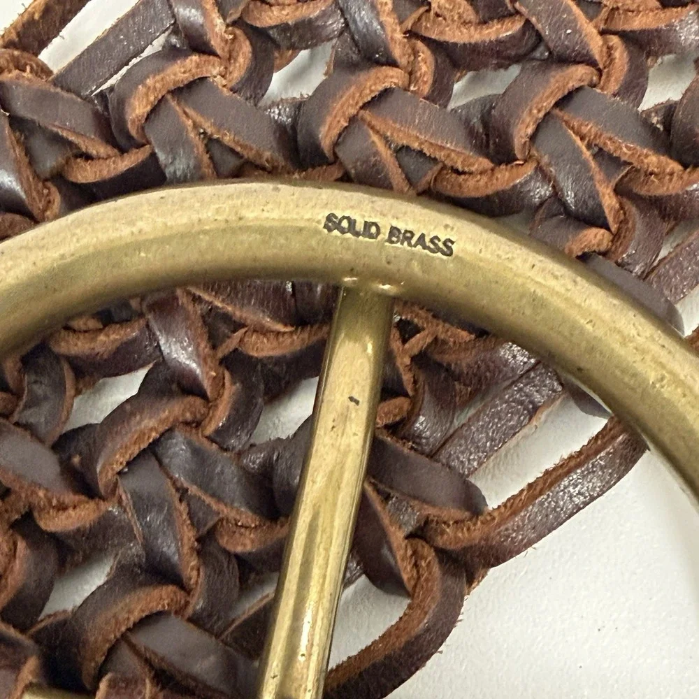 Wide Woven Leather Belt With Jumbo Round Solid Brass Buckle Brown Great Weave